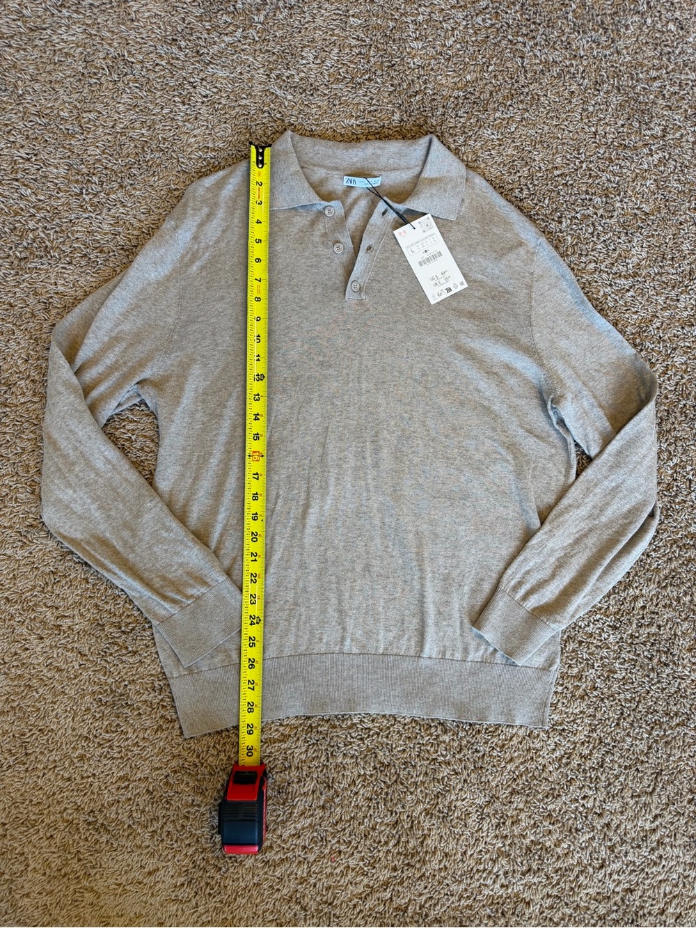 Zara Men's Light Beige V-Neck Polo Sweater